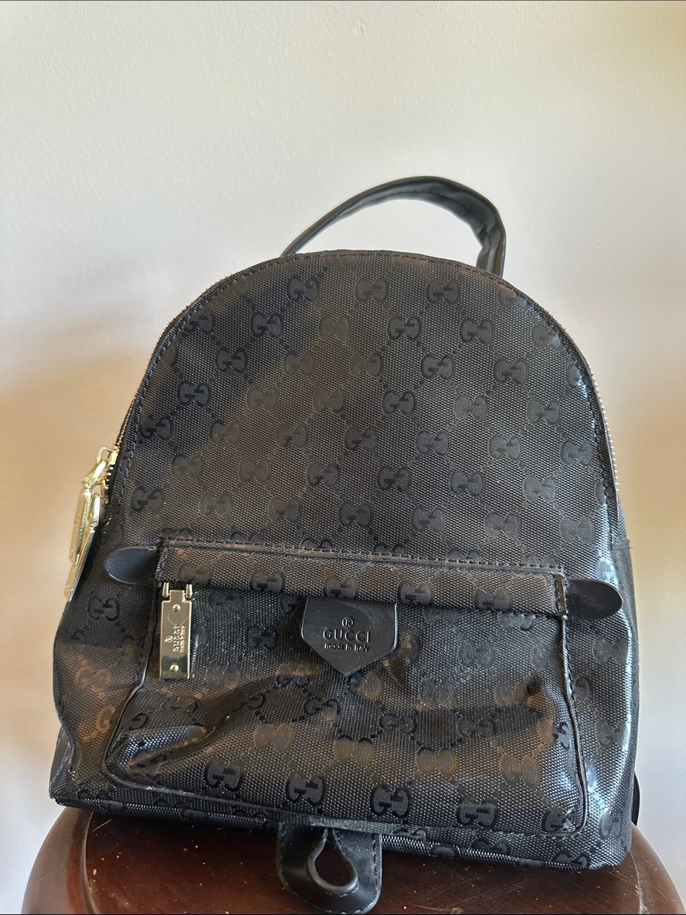 Gucci Black GG Canvas Mini Backpack with Gold Hardware
